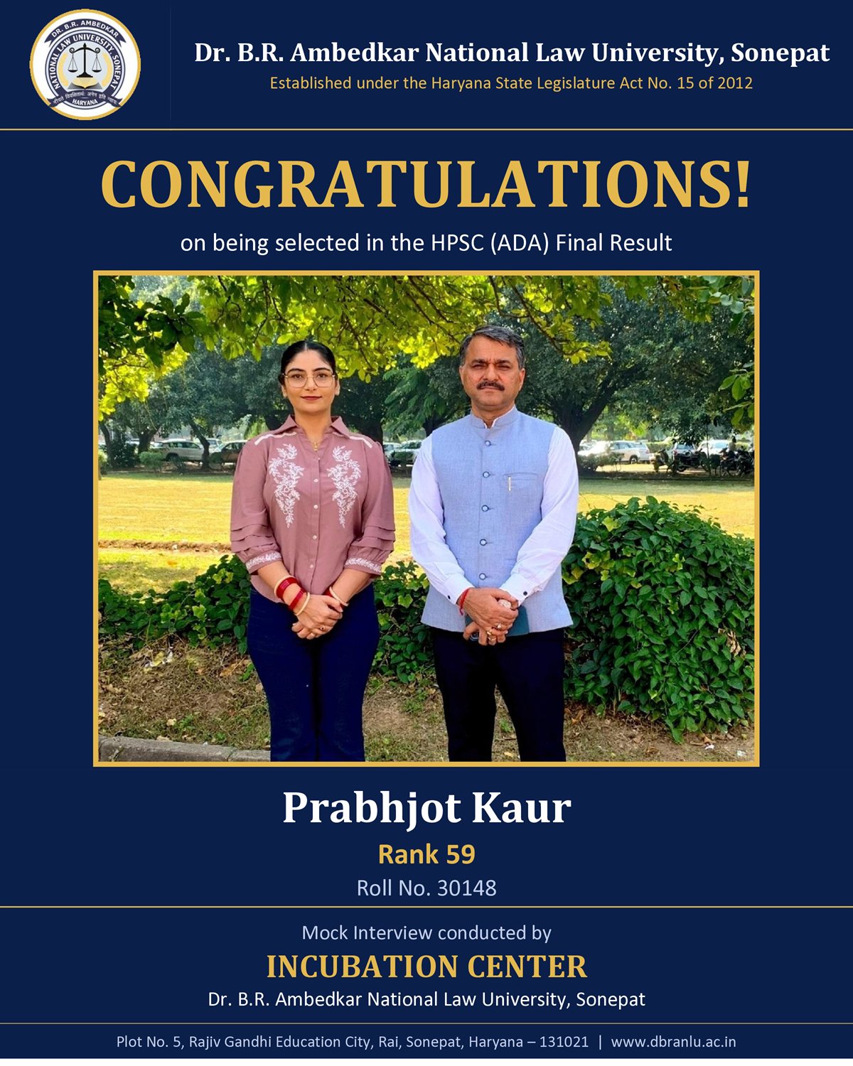 Prabhjot Kaur — selected in the HPSC (ADA) Final Result, Rank 59